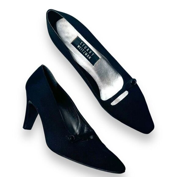 Stuart Weitzman Vintage Black Satin Fabric Almond Toe Heels Women’s Size 10 B - Picture 3 of 9
